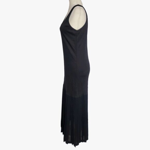 VINTAGE 90s black bias maxi tank dress with sheer knife pleated panel S - Picture 3 of 11
